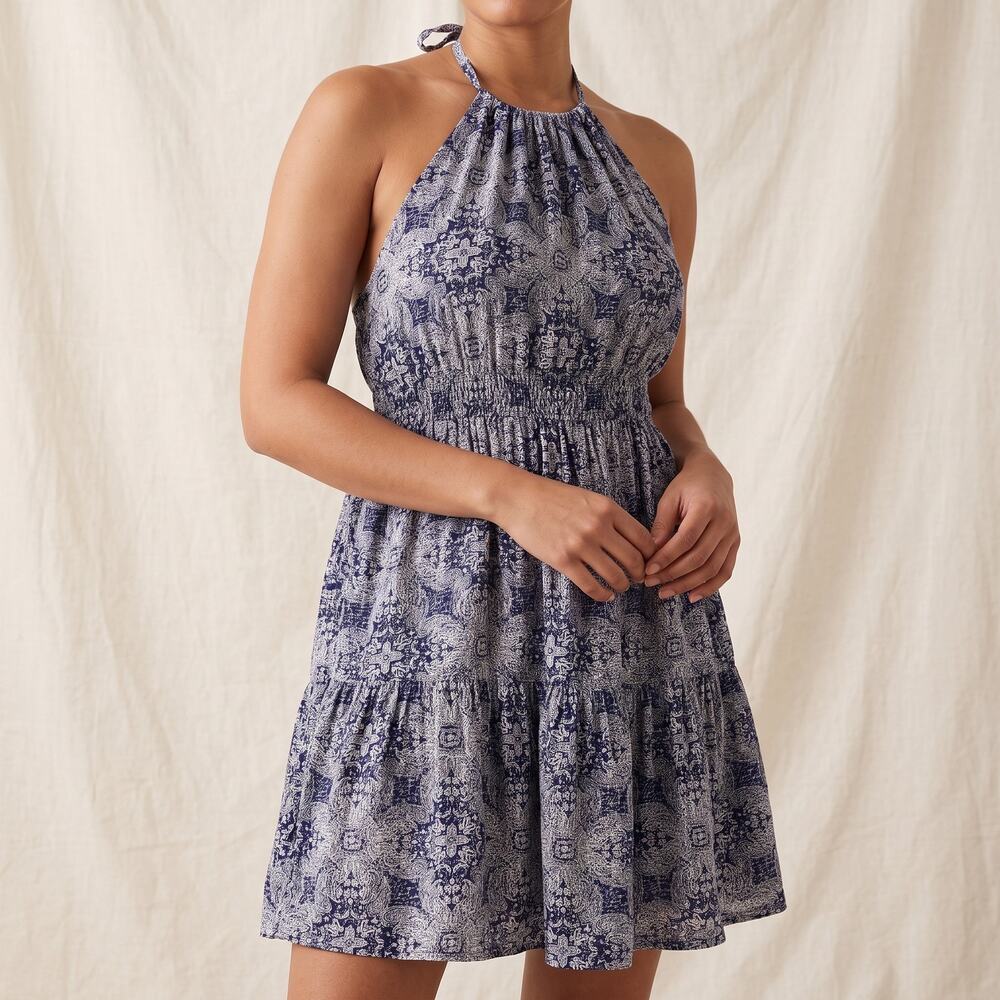 rue21 Women's Halter Dress Boho Paisley Print Smocked Waist Blue White Mini Size
